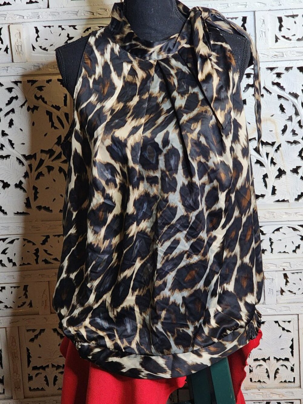 Worthington Brown Tan Gray Animal Sleeveless Neck Bow Tie Elastic Waist Top 1X
